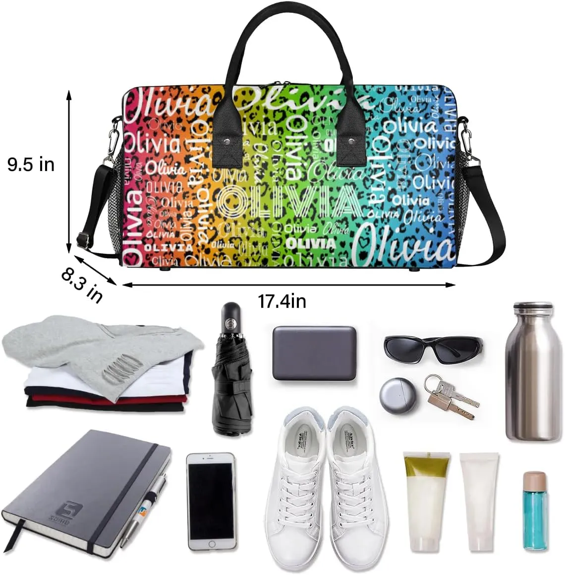 Personalized Travel Duffel Bag for Women Men, Custom Gym Duffel Bags with Name Cheer Sports Overnight Weekender Bags, Colorful Leopard Print Birthday Gift