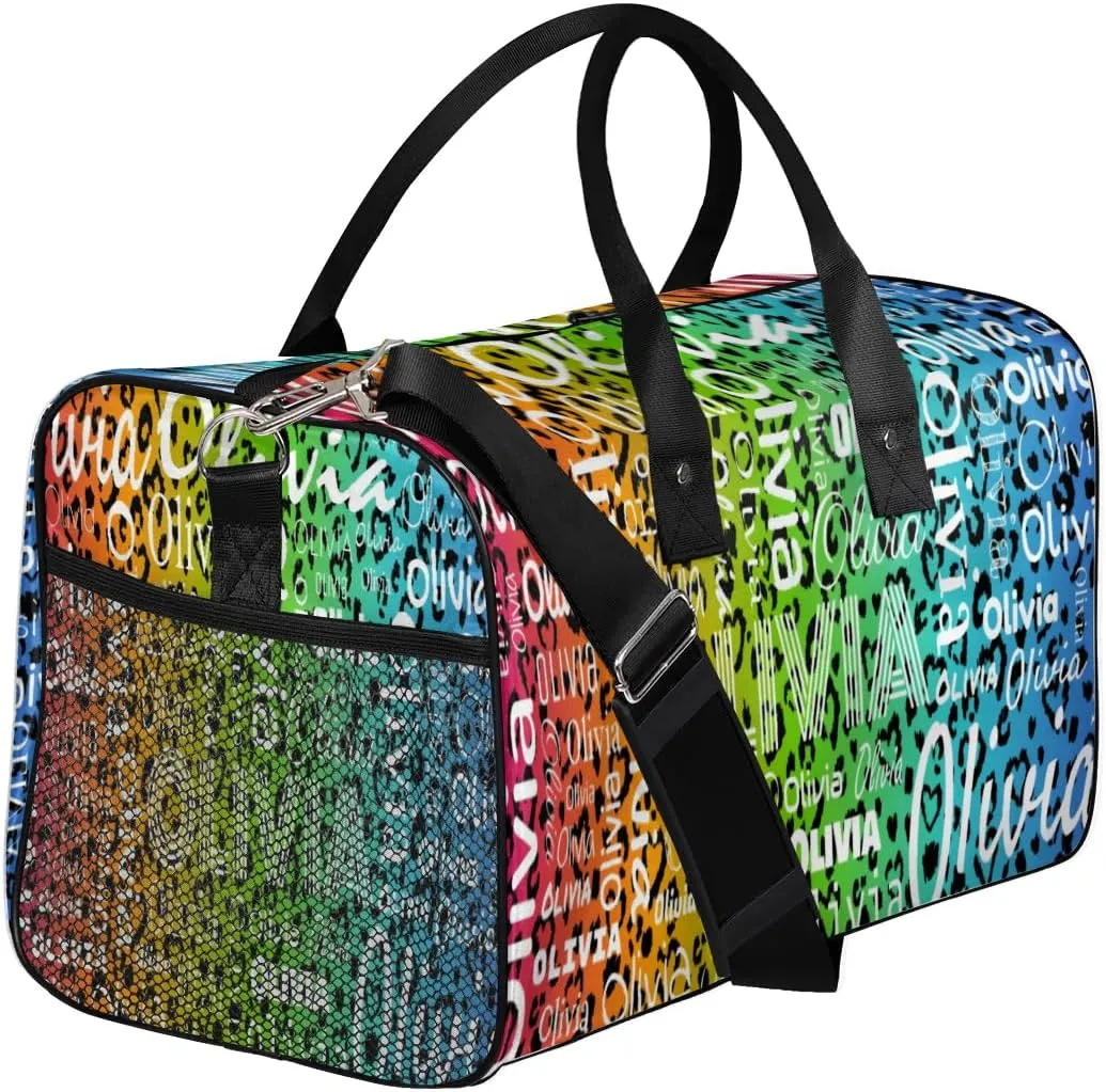 Personalized Travel Duffel Bag for Women Men, Custom Gym Duffel Bags with Name Cheer Sports Overnight Weekender Bags, Colorful Leopard Print Birthday Gift