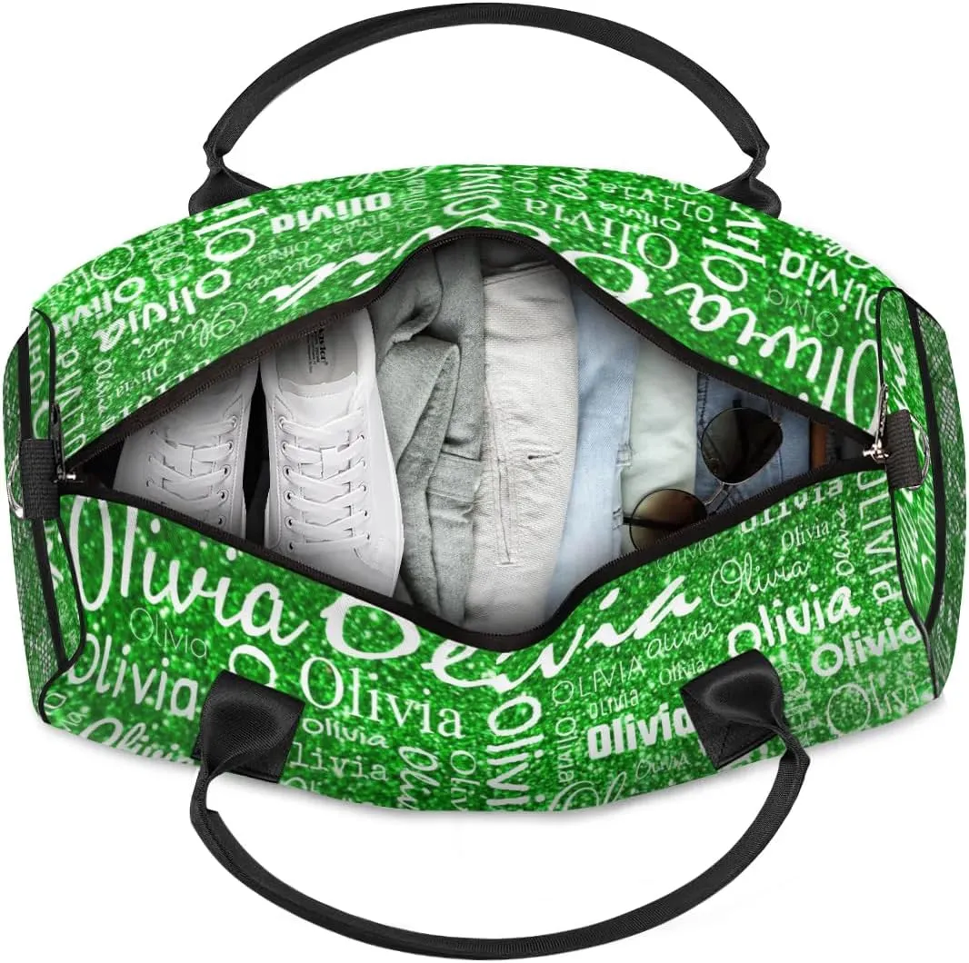 Personalized Travel Duffel Bag for Women Men, Custom Gym Duffel Bags with Name Cheer Sports Overnight Weekender Bags, Green Glitter Birthday Gift
