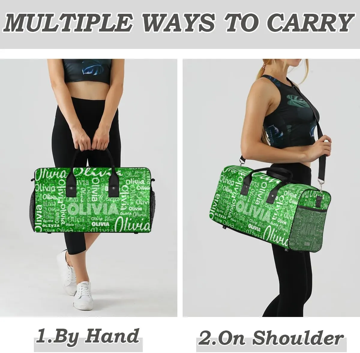 Personalized Travel Duffel Bag for Women Men, Custom Gym Duffel Bags with Name Cheer Sports Overnight Weekender Bags, Green Glitter Birthday Gift