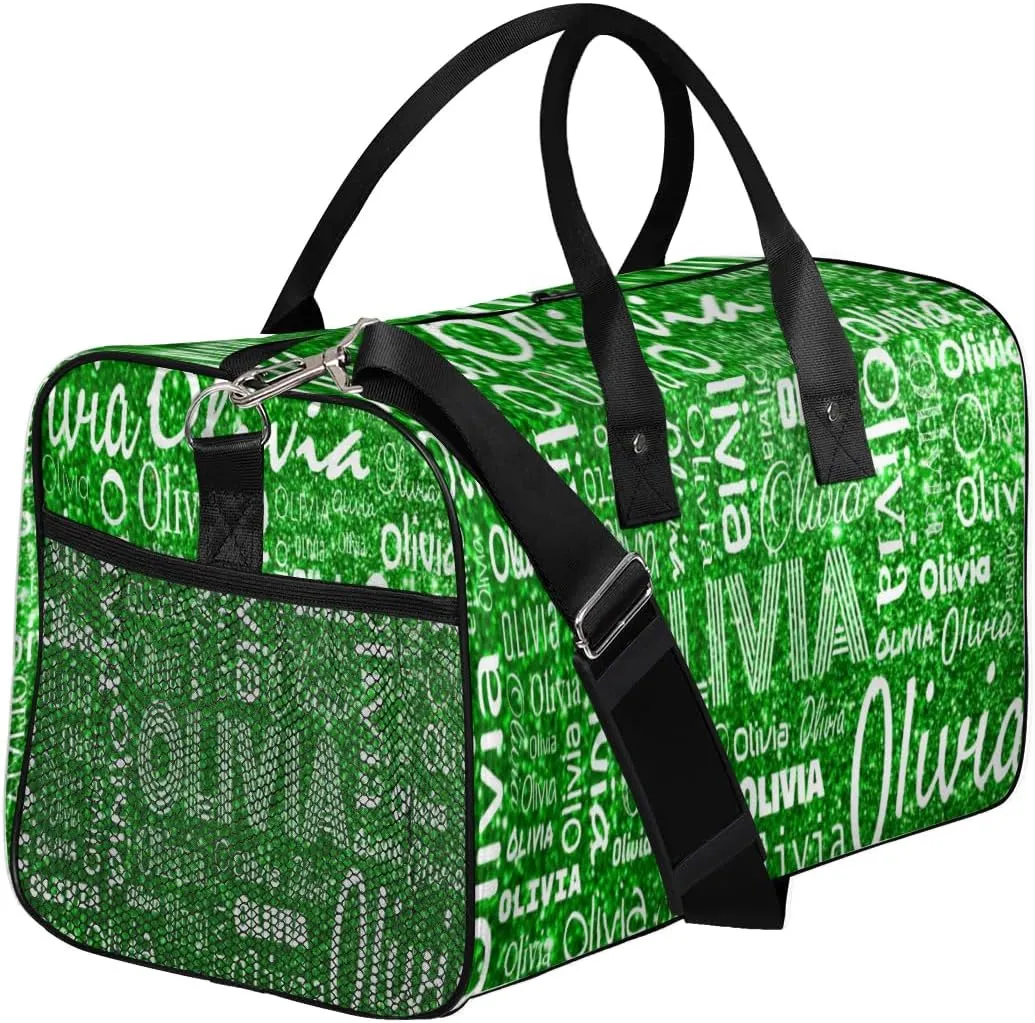 Personalized Travel Duffel Bag for Women Men, Custom Gym Duffel Bags with Name Cheer Sports Overnight Weekender Bags, Green Glitter Birthday Gift