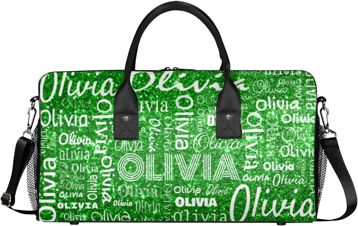 Personalized Travel Duffel Bag for Women Men, Custom Gym Duffel Bags with Name Cheer Sports Overnight Weekender Bags, Green Glitter Birthday Gift