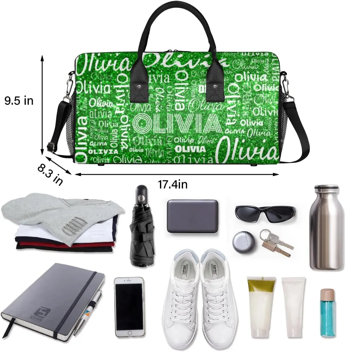 Personalized Travel Duffel Bag for Women Men, Custom Gym Duffel Bags with Name Cheer Sports Overnight Weekender Bags, Green Glitter Birthday Gift
