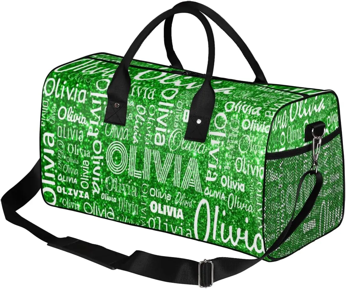 Personalized Travel Duffel Bag for Women Men, Custom Gym Duffel Bags with Name Cheer Sports Overnight Weekender Bags, Green Glitter Birthday Gift