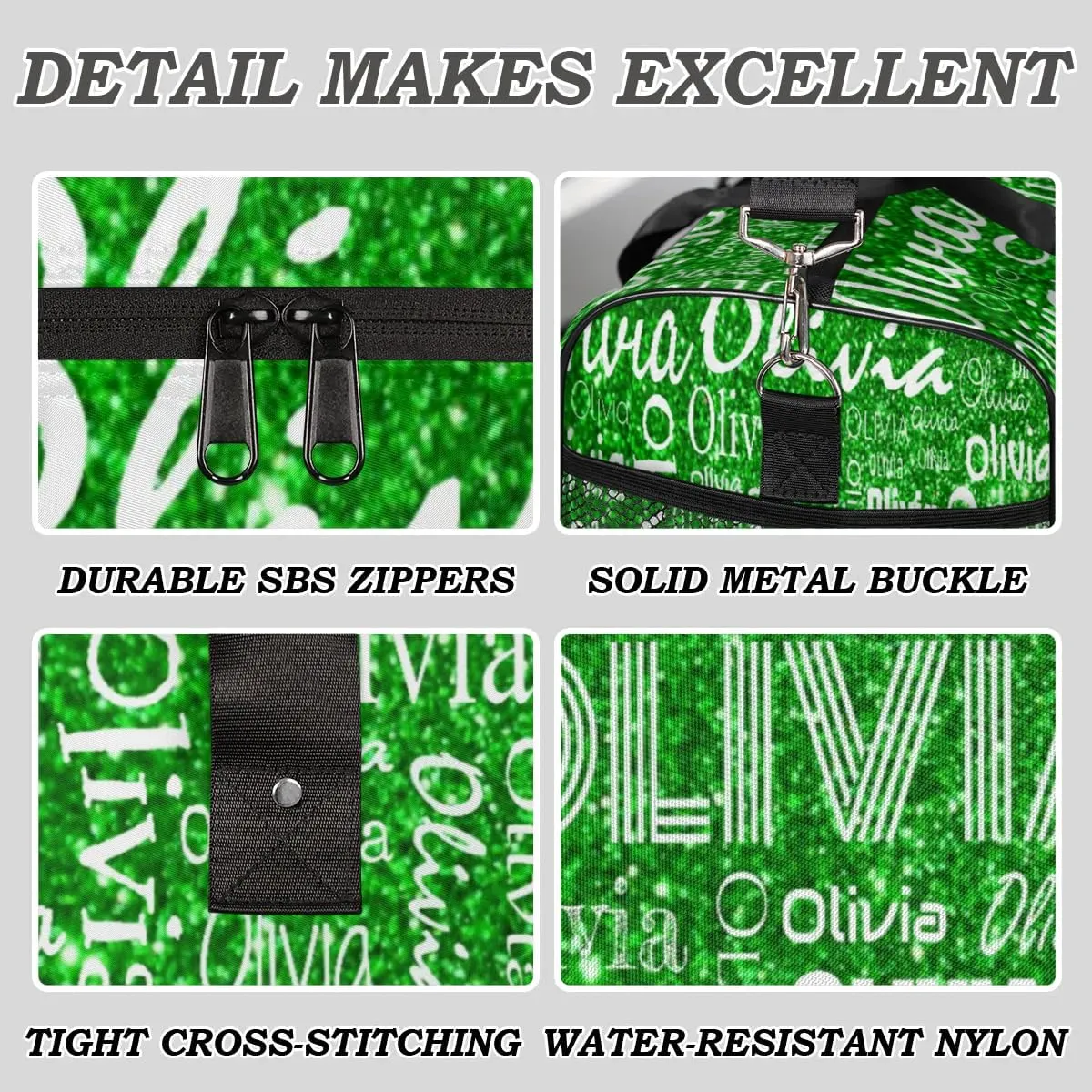 Personalized Travel Duffel Bag for Women Men, Custom Gym Duffel Bags with Name Cheer Sports Overnight Weekender Bags, Green Glitter Birthday Gift