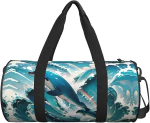 Personalized Travel Duffle Bag Gym Bag Sports Duffel Bags, Custom Gymnastics Dance Bag, Customized Training Bag Overnight Weekender Sleepover Bag for Men Women, Cute Dolphins Leap Out Sea