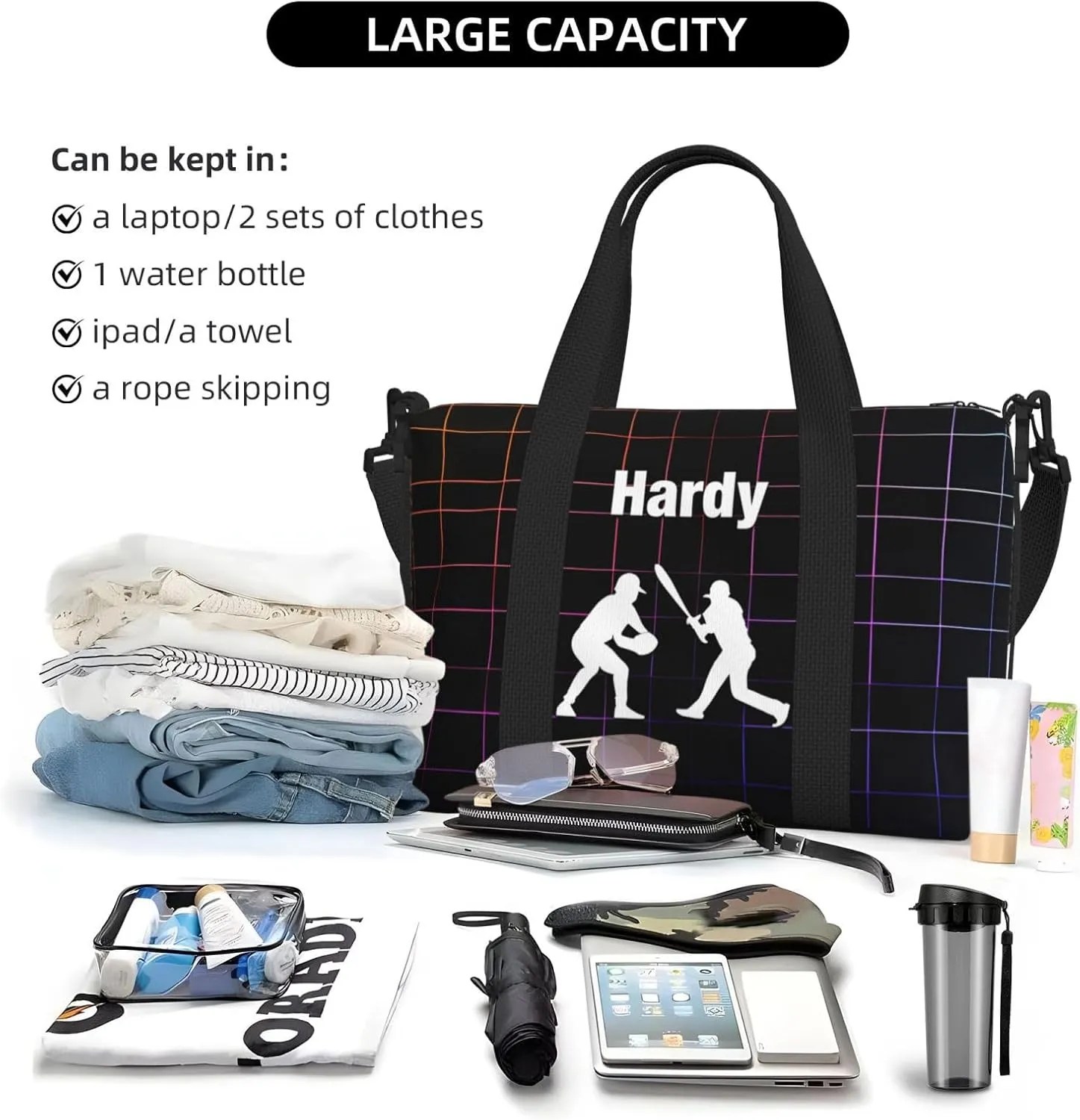 Personalized Unisex Sports Gym Bag Training Bag, Custom Named Weekender Practice Bag Workout Bag with Baseball Silhouette, Customized Birthday Gifts