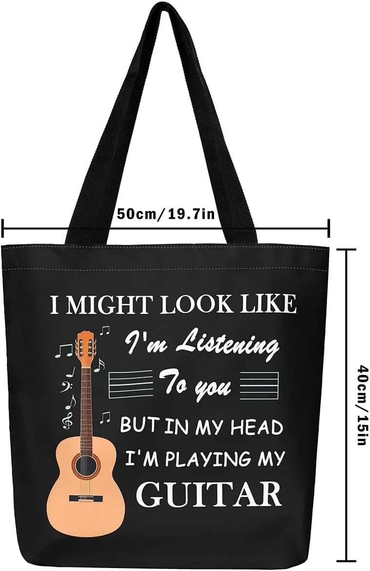 Piano and Guitar Canvas Tote Bag,Musical Notes Tote Bag,Modern Music Themed Shopping Grocery Bags
