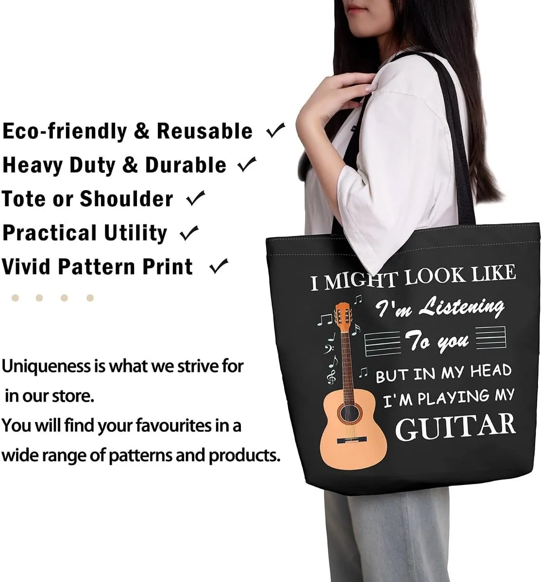 Piano and Guitar Canvas Tote Bag,Musical Notes Tote Bag,Modern Music Themed Shopping Grocery Bags