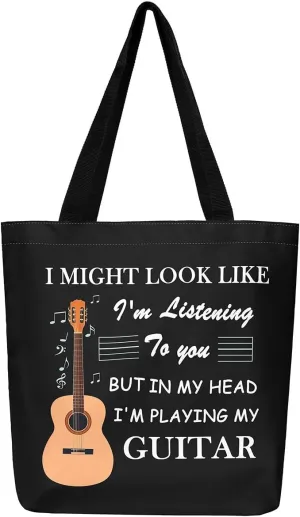 Piano and Guitar Canvas Tote Bag,Musical Notes Tote Bag,Modern Music Themed Shopping Grocery Bags