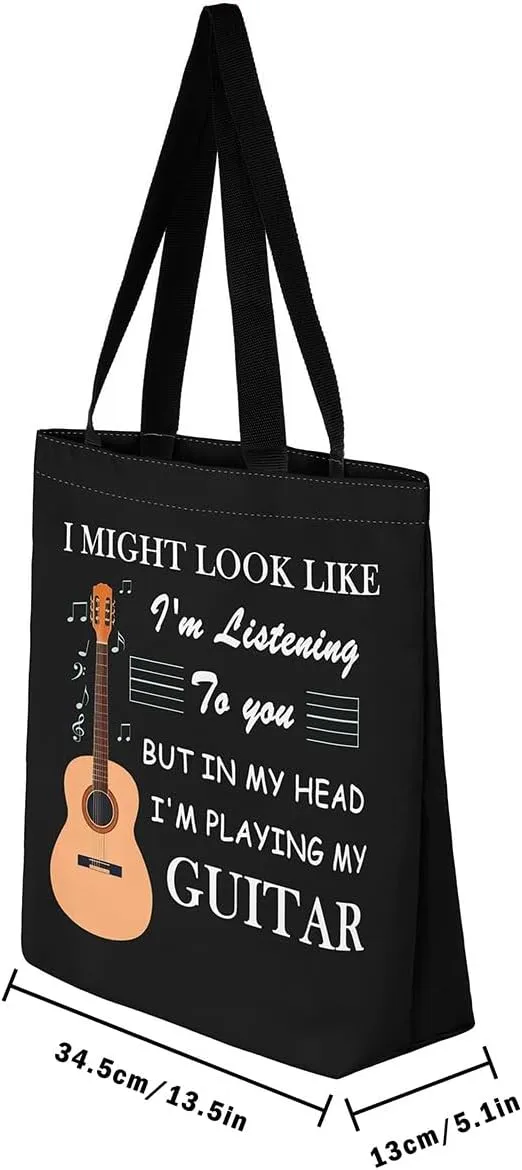 Piano and Guitar Canvas Tote Bag,Musical Notes Tote Bag,Modern Music Themed Shopping Grocery Bags