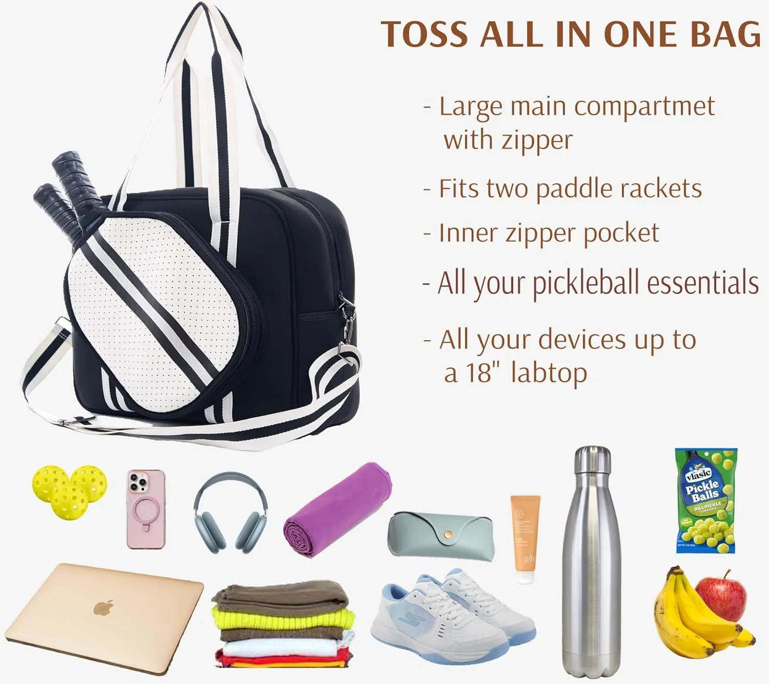 Pickleball Sports Tote Bag with Racket Holder, Neoprene, Adjustable Shoulder Strap