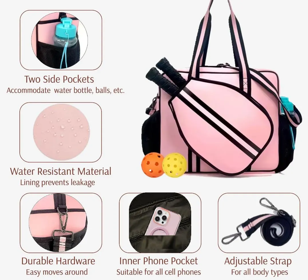Pickleball Sports Tote Bag with Racket Holder, Neoprene, Adjustable Shoulder Strap