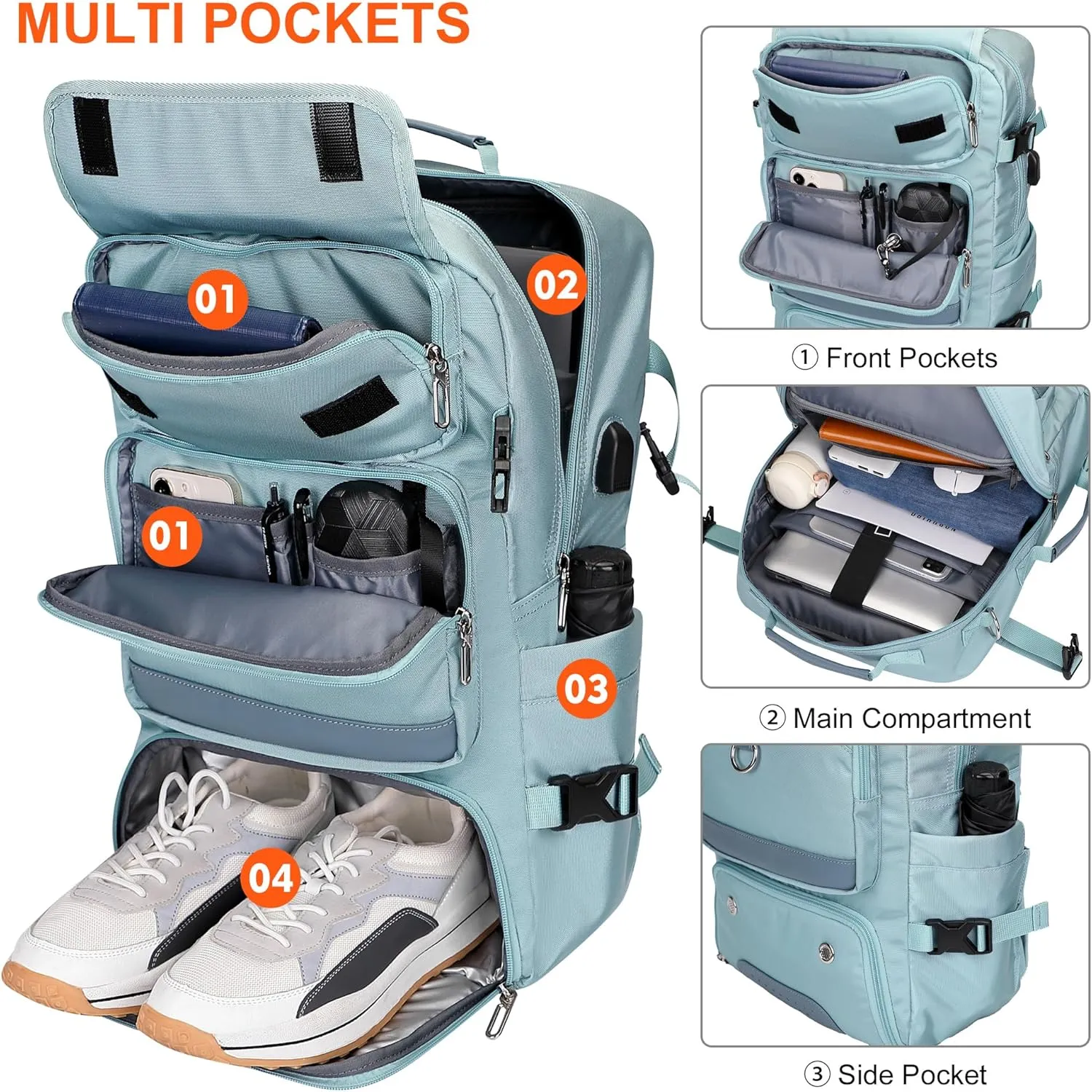 PIJUSHI Travel Backpack for Women Carry on 16 inch Laptop Bag Large Gym Backpacks with Shoe Pocket USB Charging Port(PE039 Blue)