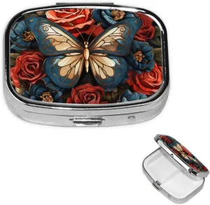 Pill Case with Mirror Retro 2 Compartment Pill Box Butterflies and Roses Small Pill Organizer for Purse or Pocket Decorative Metal Medicine Vitamin Organizer Unique Gifts