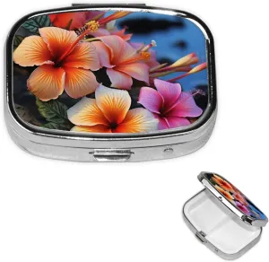 Pill Case with Mirror Retro 2 Compartment Pill Box Hawaii Flowers Small Pill Organizer for Purse or Pocket Decorative Metal Medicine Vitamin Organizer Unique Gifts