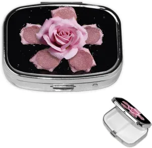 Pill Case with Mirror Retro 2 Compartment Pill Box Rose Flower Small Pill Organizer for Purse or Pocket Decorative Metal Medicine Vitamin Organizer Unique Gifts
