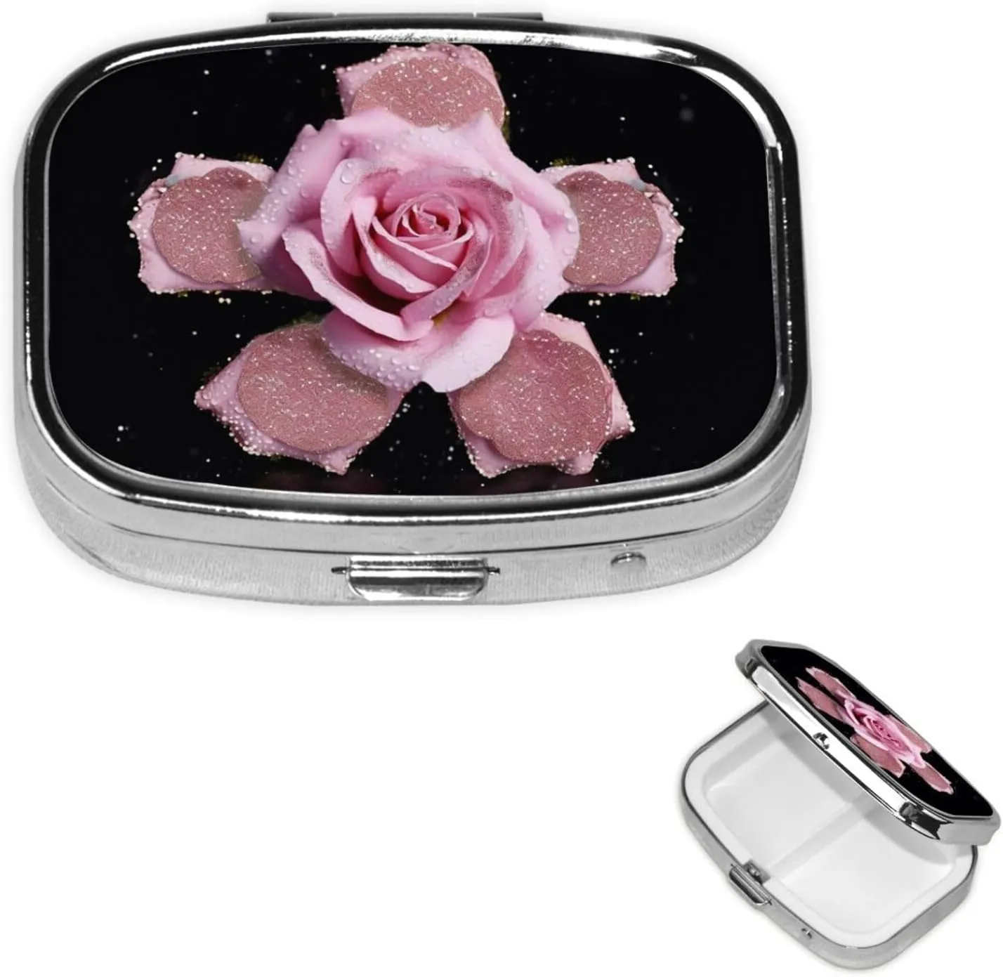Pill Case with Mirror Retro 2 Compartment Pill Box Rose Flower Small Pill Organizer for Purse or Pocket Decorative Metal Medicine Vitamin Organizer Unique Gifts