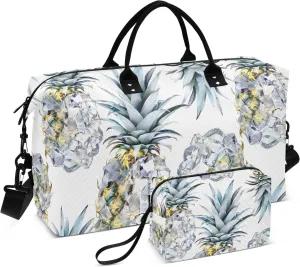 Pineapple Travel Duffle Bag Gym Bag, Crystal Pineapple White Weekender Bags for Women with Toiletry Bag Travel Tote Bag Swim Bag
