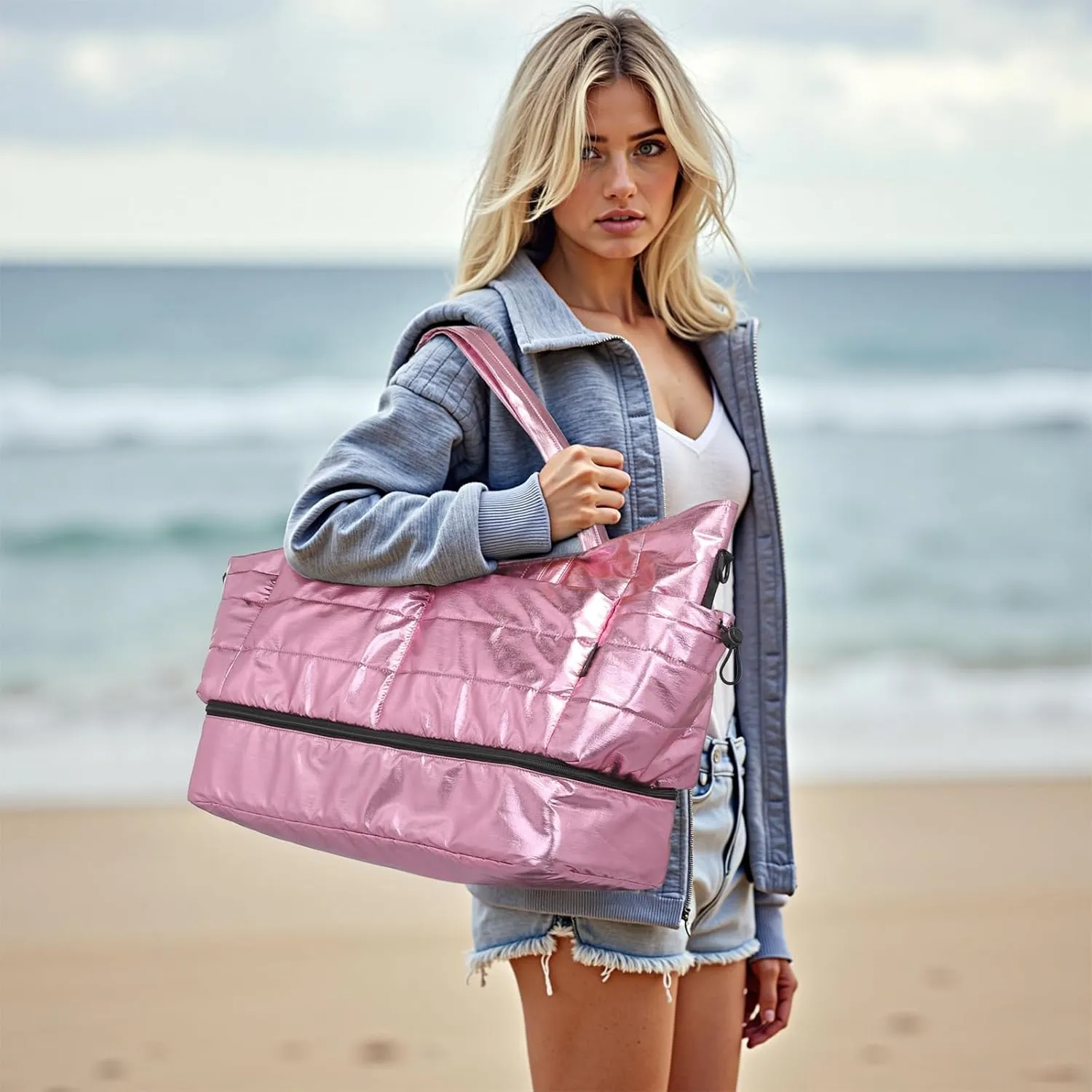 Pink 50L Travel Duffel Bag for Women, Weekender & Gym Bag with Shoe Compartment & Toiletry Bag, Water-Resistant Polyester, 18.9 x 8.5 x 15.55 inches
