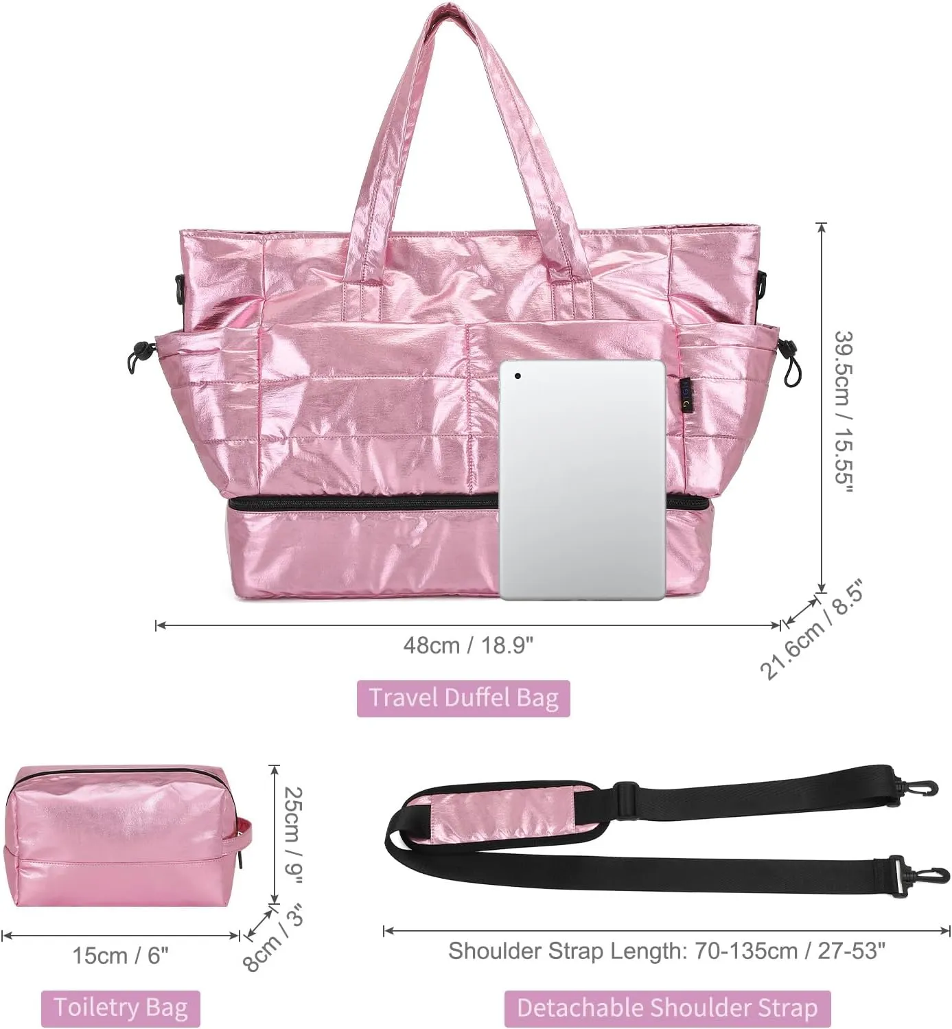 Pink 50L Travel Duffel Bag for Women, Weekender & Gym Bag with Shoe Compartment & Toiletry Bag, Water-Resistant Polyester, 18.9 x 8.5 x 15.55 inches