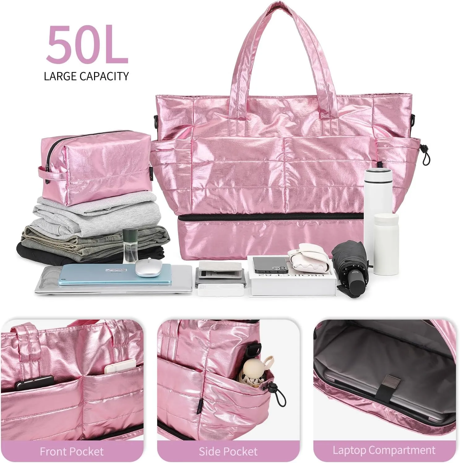 Pink 50L Travel Duffel Bag for Women, Weekender & Gym Bag with Shoe Compartment & Toiletry Bag, Water-Resistant Polyester, 18.9 x 8.5 x 15.55 inches