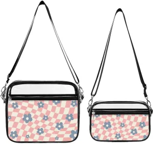 Pink Blue Checkered Floral Transparent Cross Bag Two-piece Set, Fashionable Transparent Bag