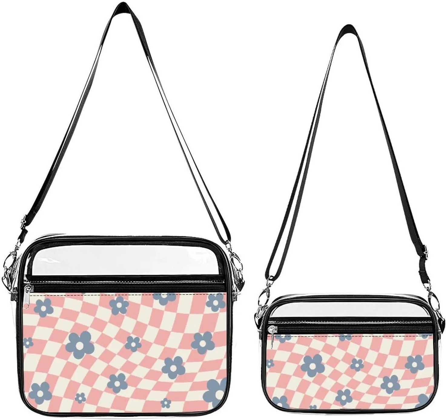 Pink Blue Checkered Floral Transparent Cross Bag Two-piece Set, Fashionable Transparent Bag