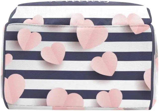 Pink Hearts Striped Personalized Diaper Bag,Custom Name Large Capacity Diaper Backpack Travel Casual Daypack Nappy Bag Gifts