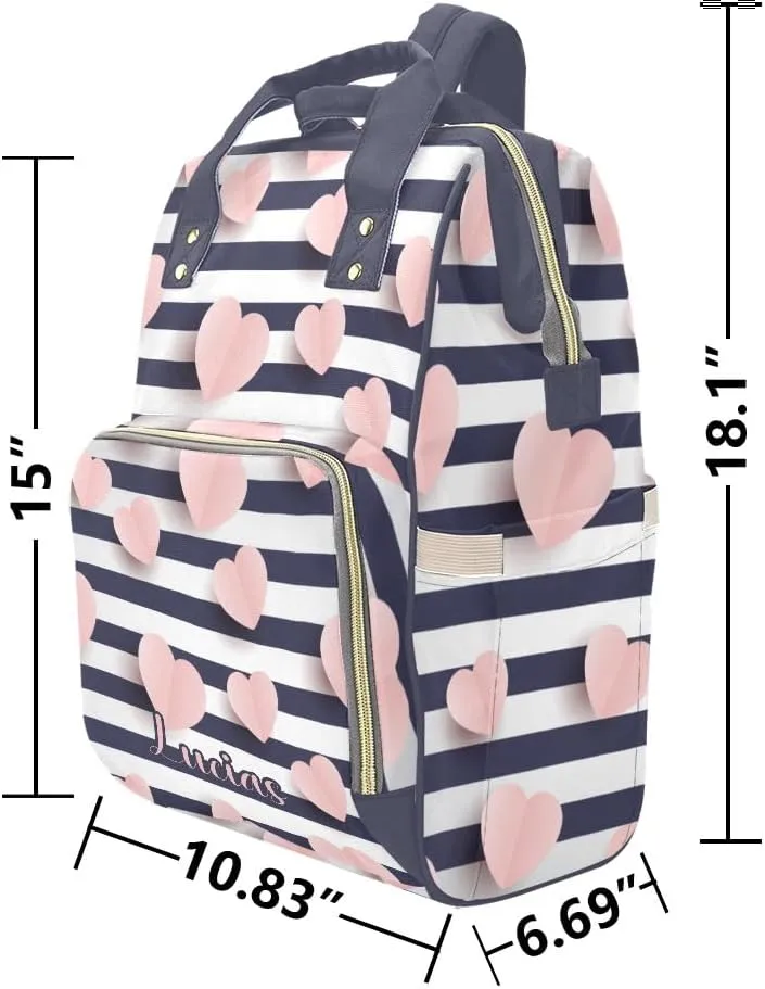 Pink Hearts Striped Personalized Diaper Bag,Custom Name Large Capacity Diaper Backpack Travel Casual Daypack Nappy Bag Gifts