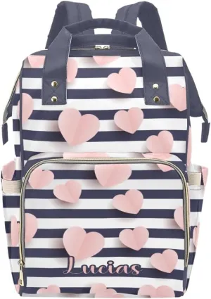 Pink Hearts Striped Personalized Diaper Bag,Custom Name Large Capacity Diaper Backpack Travel Casual Daypack Nappy Bag Gifts