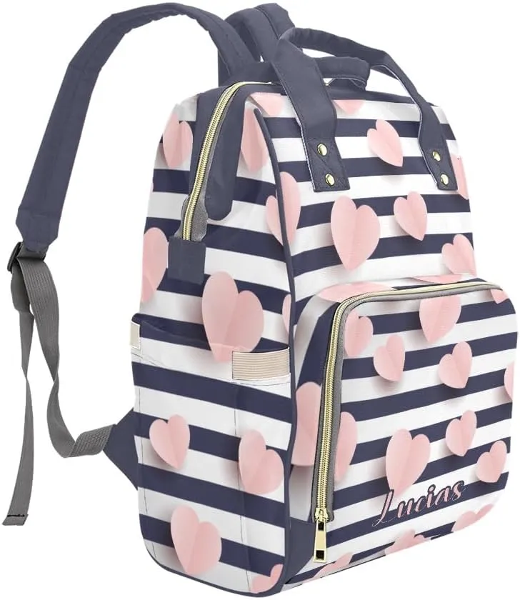 Pink Hearts Striped Personalized Diaper Bag,Custom Name Large Capacity Diaper Backpack Travel Casual Daypack Nappy Bag Gifts