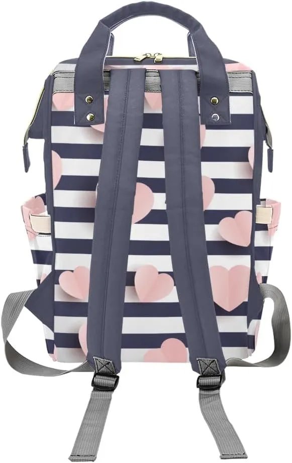 Pink Hearts Striped Personalized Diaper Bag,Custom Name Large Capacity Diaper Backpack Travel Casual Daypack Nappy Bag Gifts