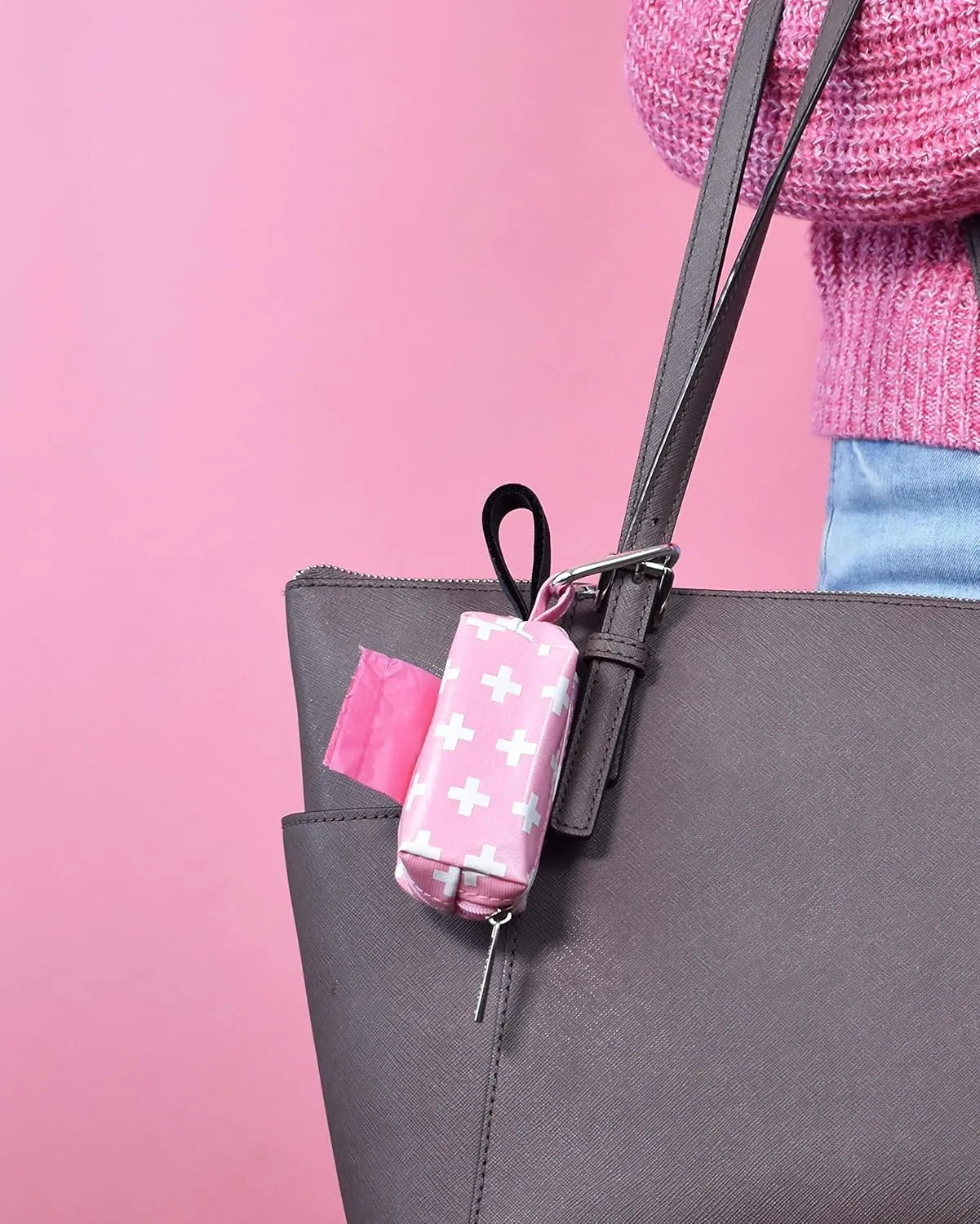 Pink Swiss Dirty Diaper Bag Dispenser, Clip On Bag Holder Attaches to Any Diaper Bag, 48 Count Large Tie Handle Bags
