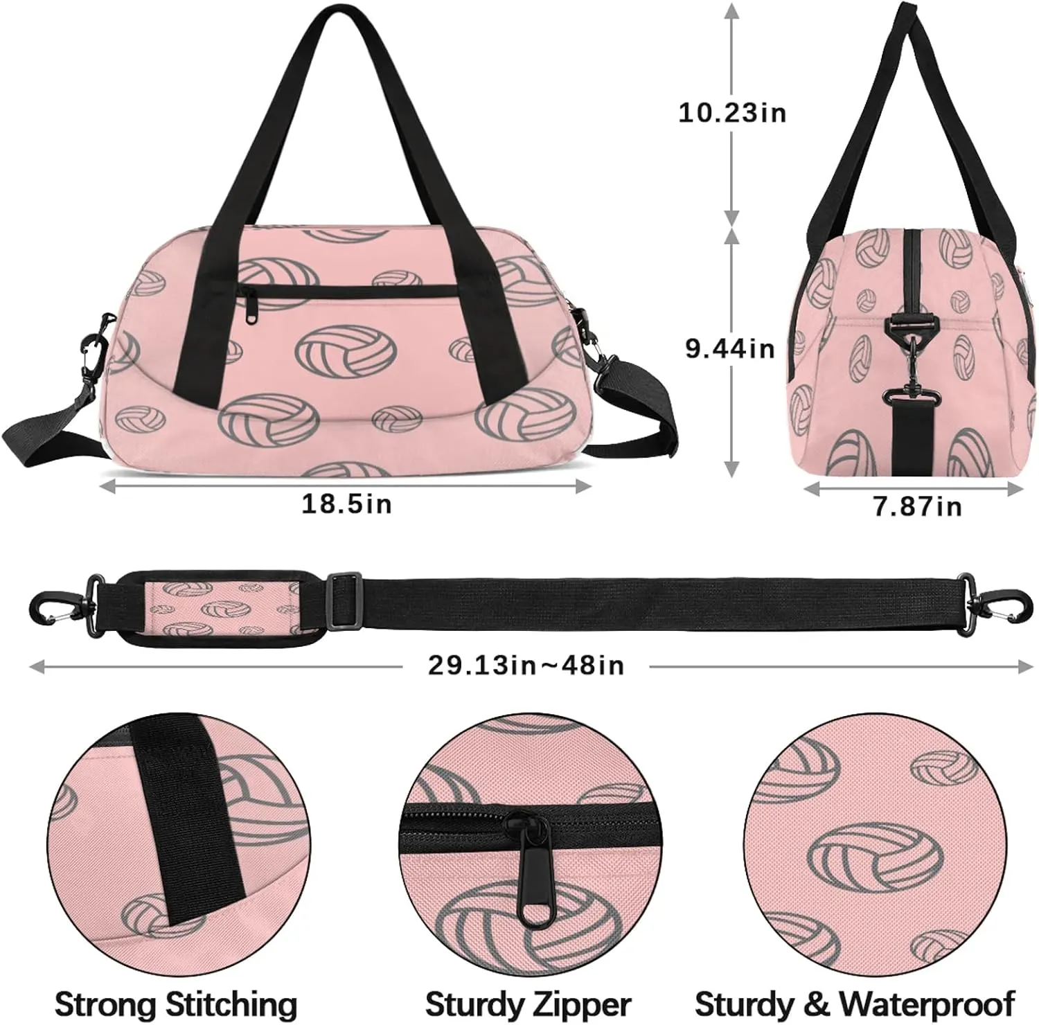Pink Volleyball Pattern Kids Duffel Bag Lightweight Waterproof Sports Gym Bag with Front Zipper Pocket Foldable Weekender Overnight Bag for School Practice Gymnastic Ballet