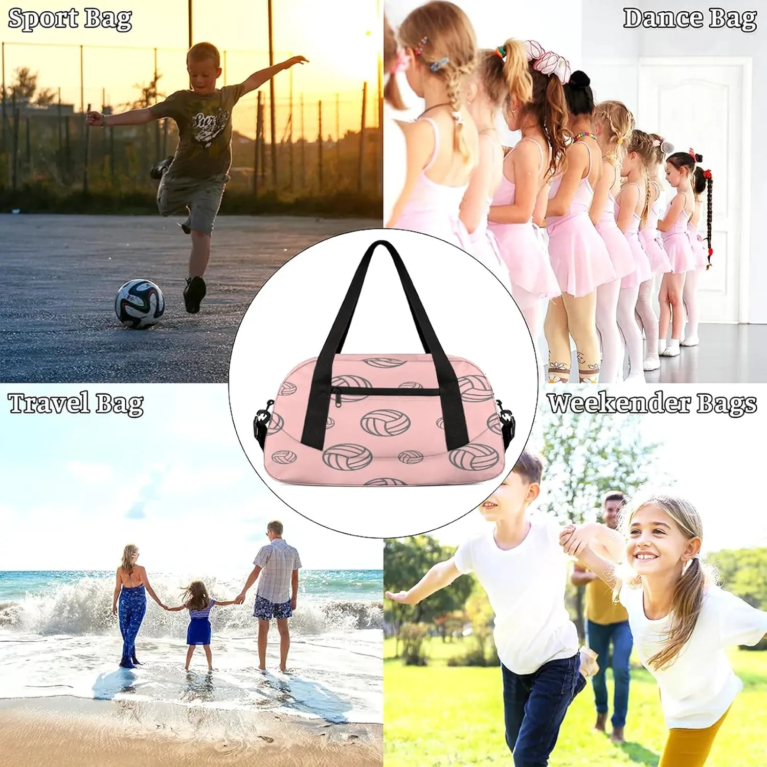 Pink Volleyball Pattern Kids Duffel Bag Lightweight Waterproof Sports Gym Bag with Front Zipper Pocket Foldable Weekender Overnight Bag for School Practice Gymnastic Ballet