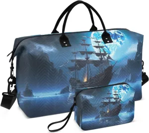 Pirate Ship Travel Duffel Bag, Shoulder Weekender Overnight Bags - Large Gym Bag with Wet Pocket