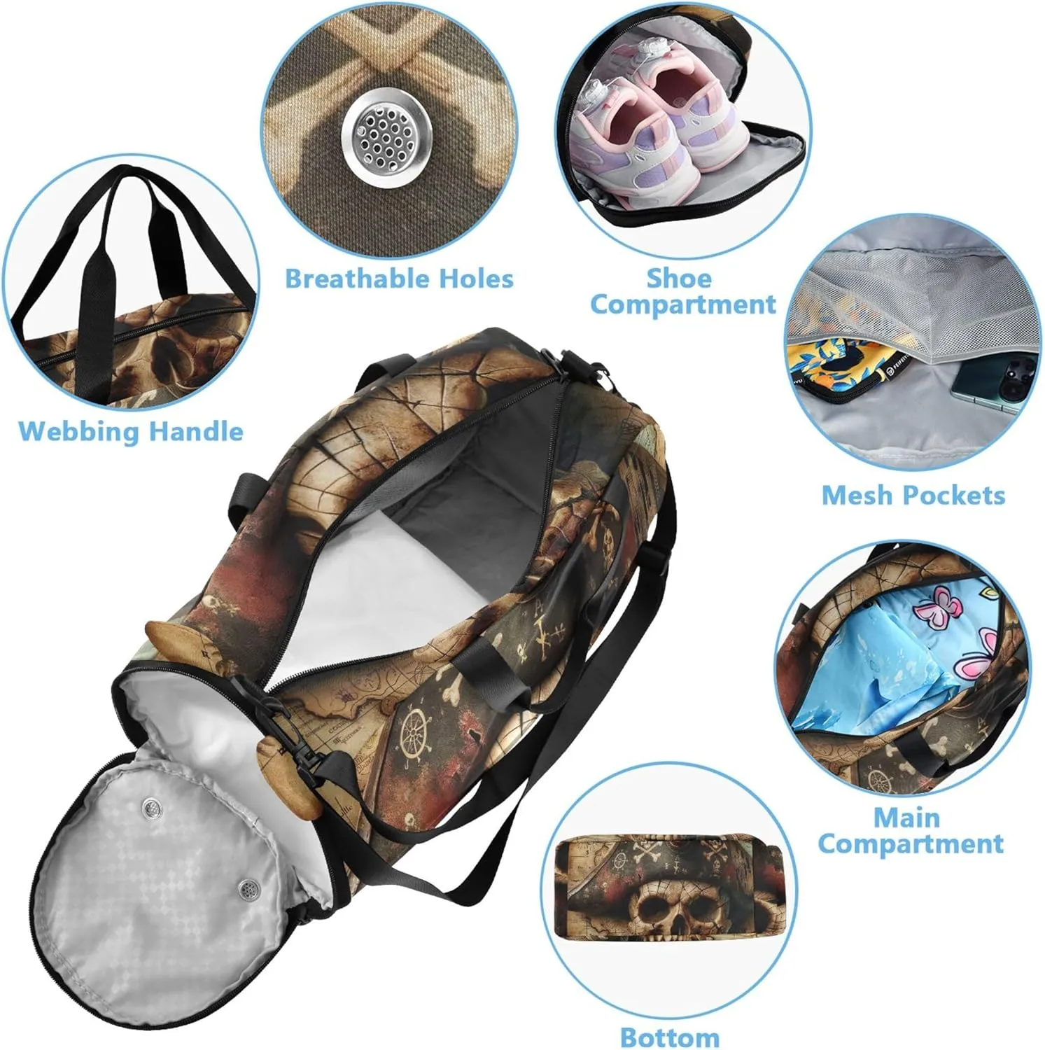 Pirate Skull Treasure Map Carry on Duffel Bag for Boys Overnight Bags Toddler Duffle Bags for Traveling Tote Duffle Bag for Kids