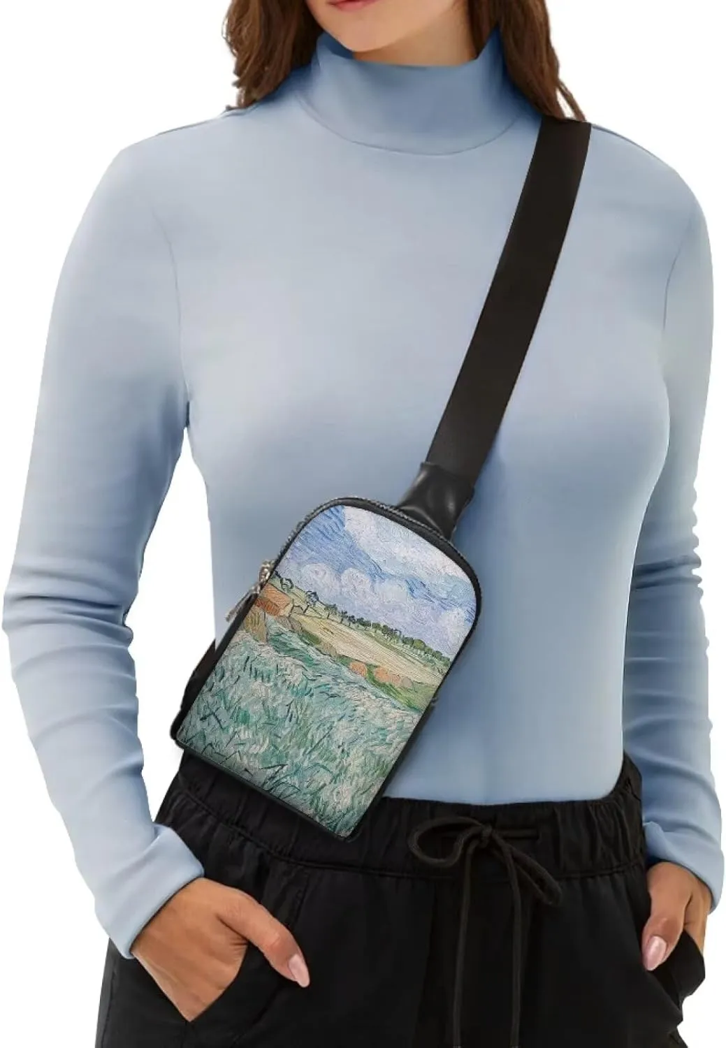 Plain near Auvers Waist Pack Bag Fanny Pack for Women, Oil Painted Countryside PU Leather Crossbody Bag for Women Antitheft Travel Sling Bag