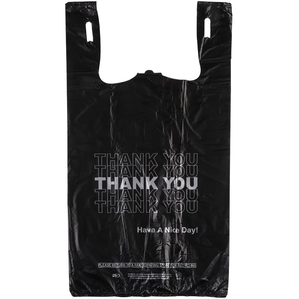 Plastic Bag-Black Plain T-Shirt Bag 11.5"x6.5"x21.5" (Black Thank You, 300)