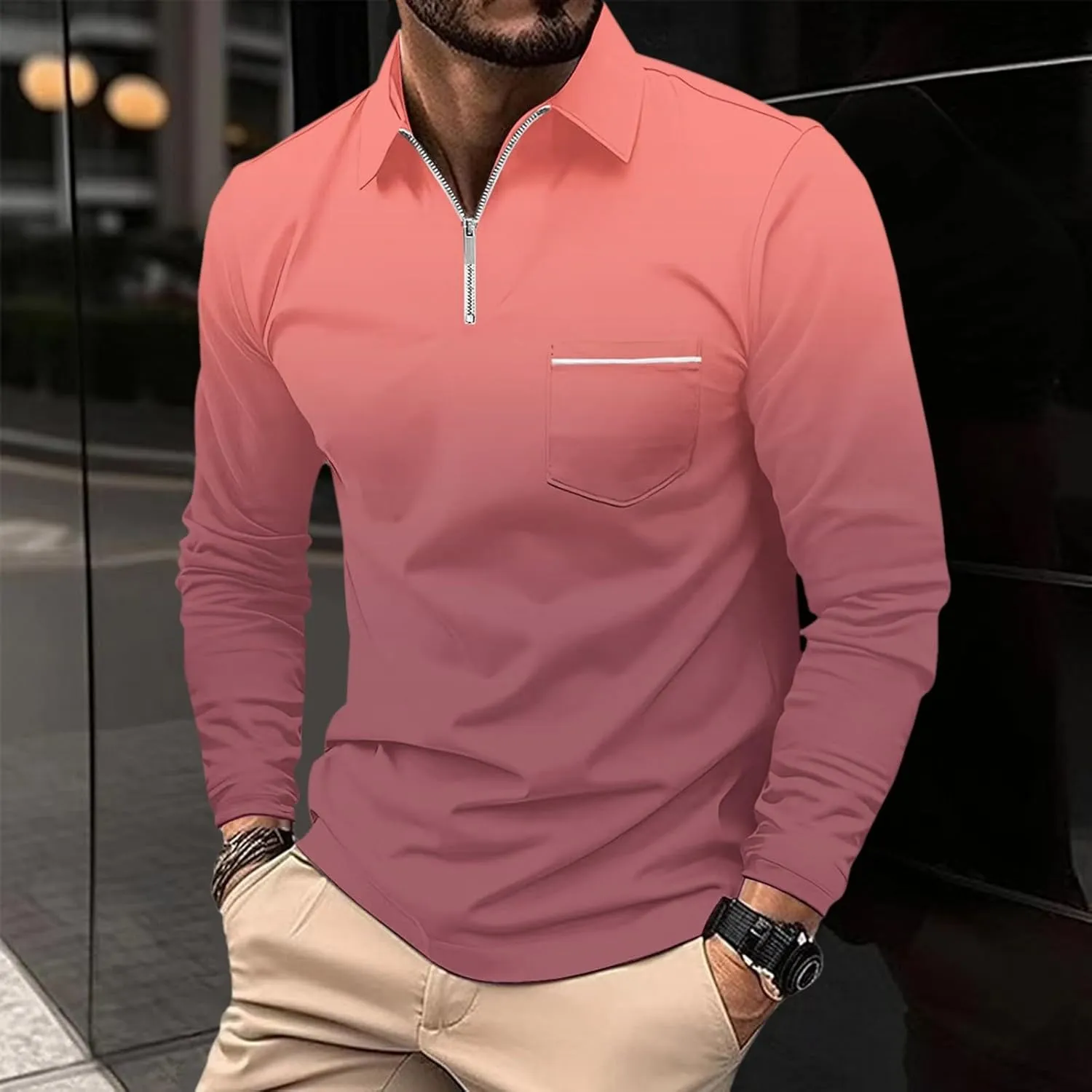 Polos for Men 2025 Casual Business Gradient Color Fashion Printing Long Sleeve Lapel Zipper Pocket Sports Shirt Mens