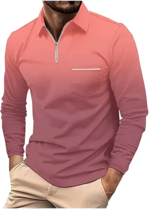Polos for Men 2025 Casual Business Gradient Color Fashion Printing Long Sleeve Lapel Zipper Pocket Sports Shirt Mens