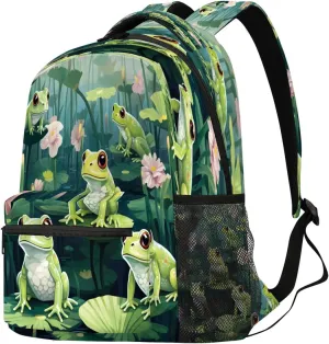 Pond Green Frogs Laptop Backpack for Adult Women Men Lotus Casual Daypack with Compartment & Multiple Pockets Book Bags Travel Bag