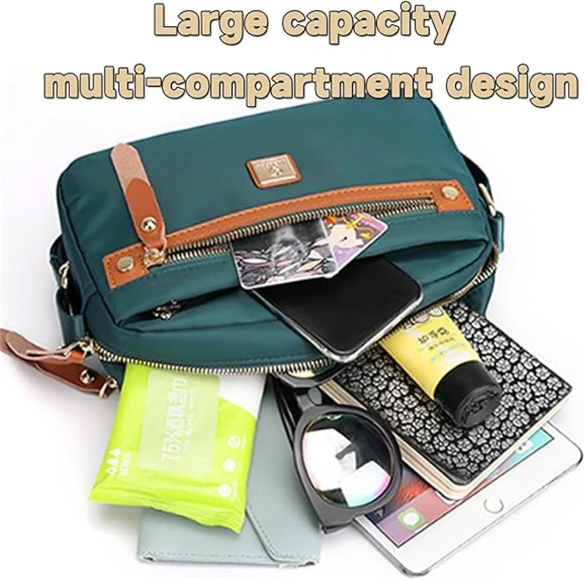 Popularate Nylon Crossbody Bag, Popularate Waterproof Nylon Crossbody Bag with Zipper and Multi Pockets for Women