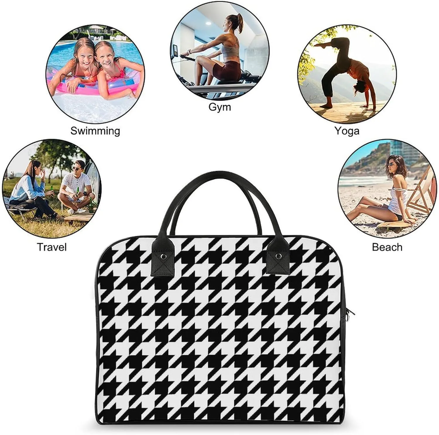 Portable Travel Bag, Oversized Weekender Bag, Large Carry On Bag, Sports Gym Dance Soft Bag For Women And Men Compatible with Black And White Houndstooth