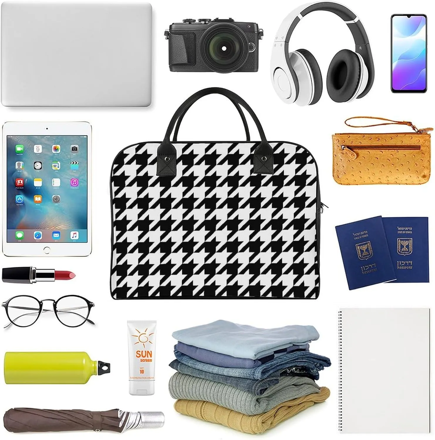 Portable Travel Bag, Oversized Weekender Bag, Large Carry On Bag, Sports Gym Dance Soft Bag For Women And Men Compatible with Black And White Houndstooth