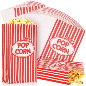 Potchen Paper Popcorn Bags 2 oz Disposable Individual Servings Popcorn Container Flat Bottom Vintage for Movie Night Party Theaters Carnivals, Red and White Striped(300 Pieces)