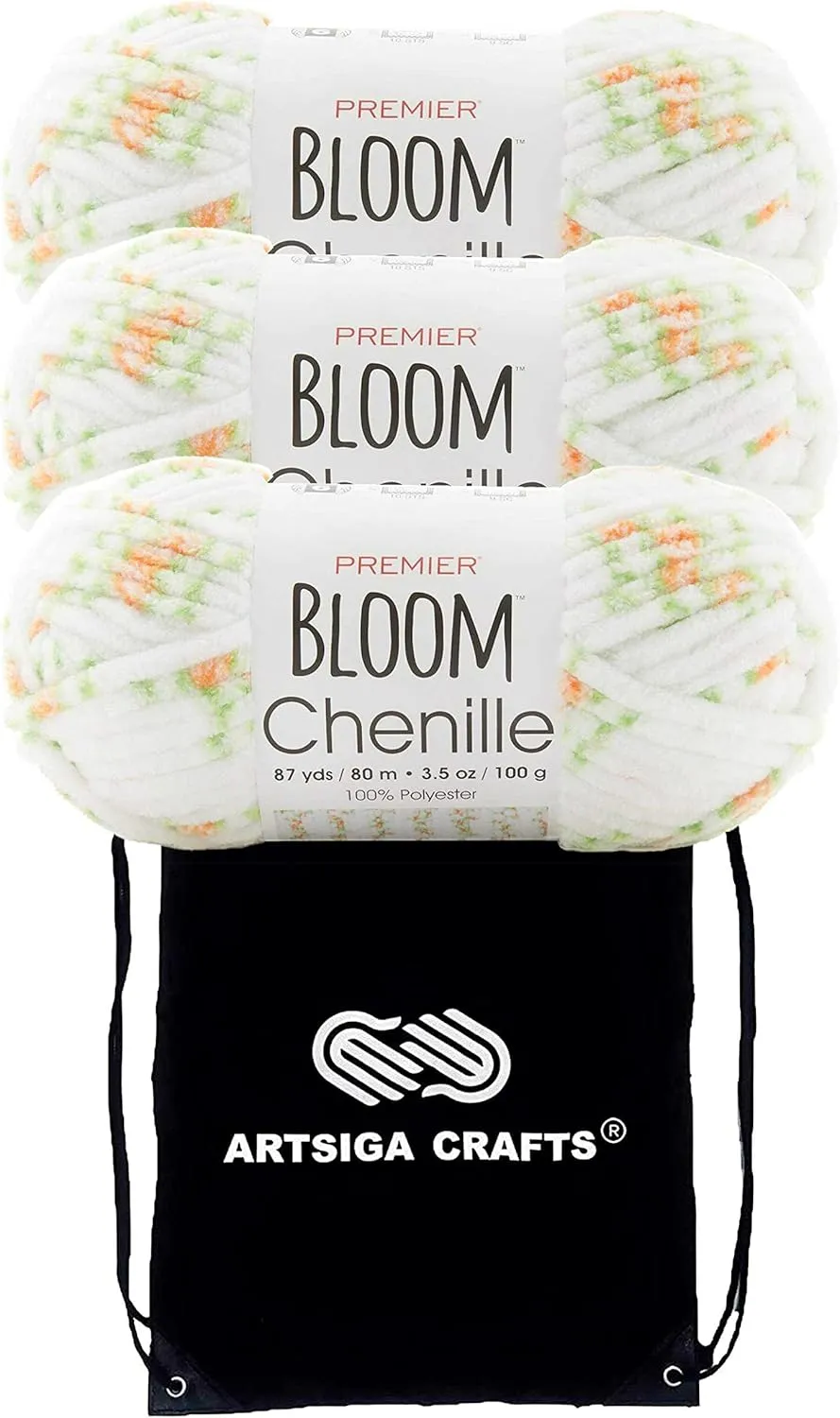 Premier Yarns Bloom Chenille Marigold 2099-03 (3-Skeins - Same Dye Lot) Weight S Bulky #6 Polyester Yarn for Crocheting and Knitting with Project Bag