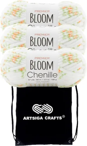 Premier Yarns Bloom Chenille Marigold 2099-03 (3-Skeins - Same Dye Lot) Weight S Bulky #6 Polyester Yarn for Crocheting and Knitting with Project Bag