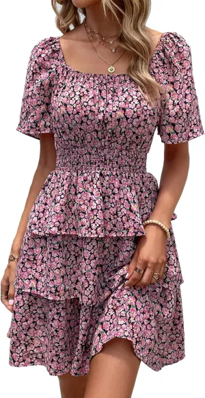 PRETTYGARDEN Women's 2025 Floral Summer Short Dress Square Neck Short Sleeve Tiered Ruffle Boho Swing Dresses